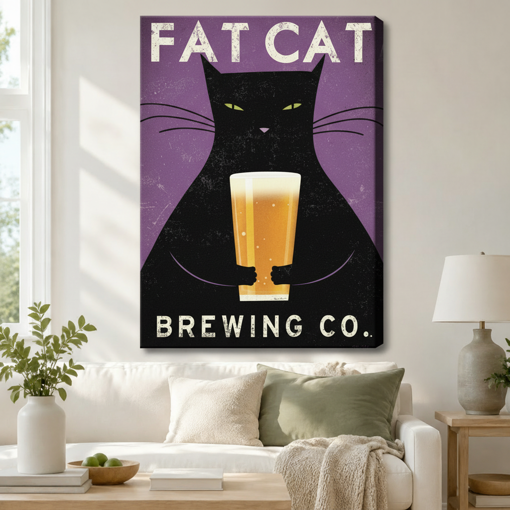 Gallery wrap canvas of retro Fat Cat Brewing Co black cat holding beer pint on purple background hanging above white sofa in cozy modern living room