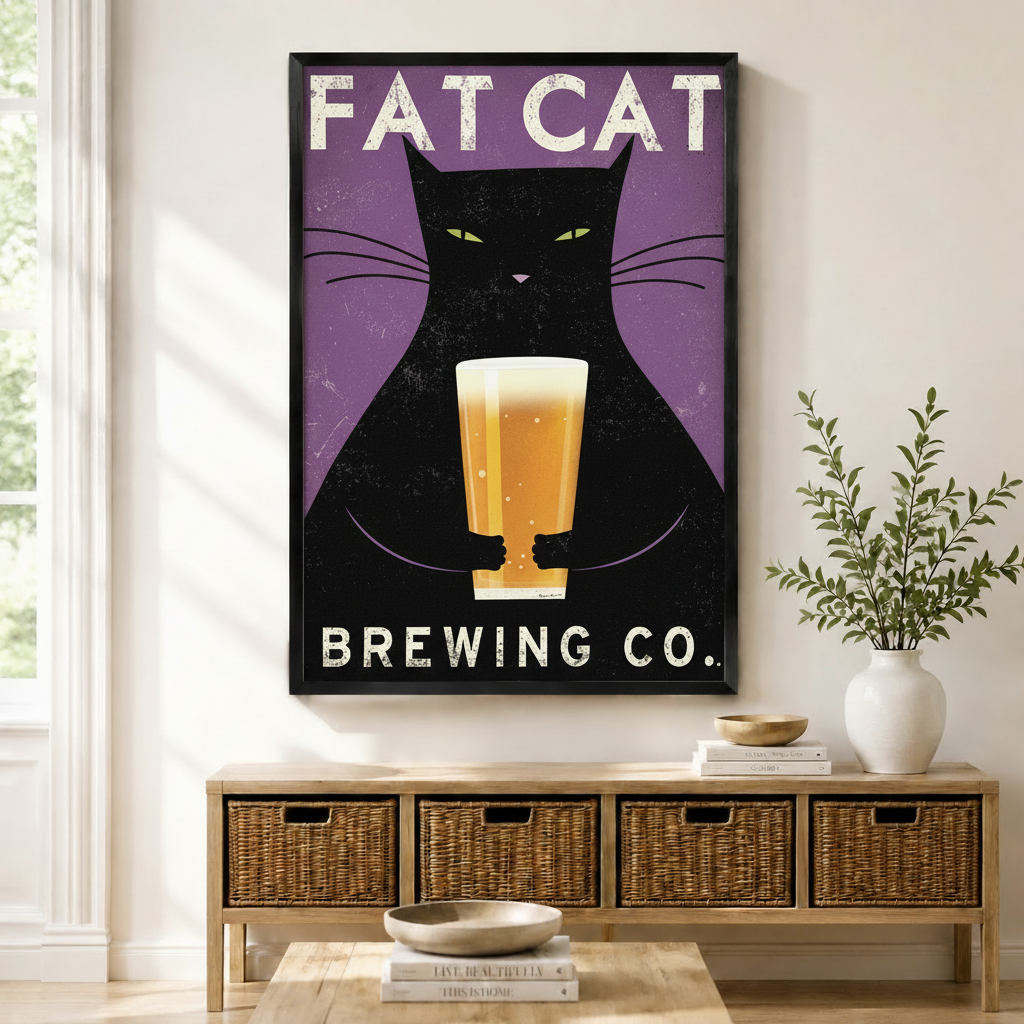Framed Fat Cat Brewing Co vintage black cat beer poster wall art displayed above wicker storage console table in bright natural American entryway