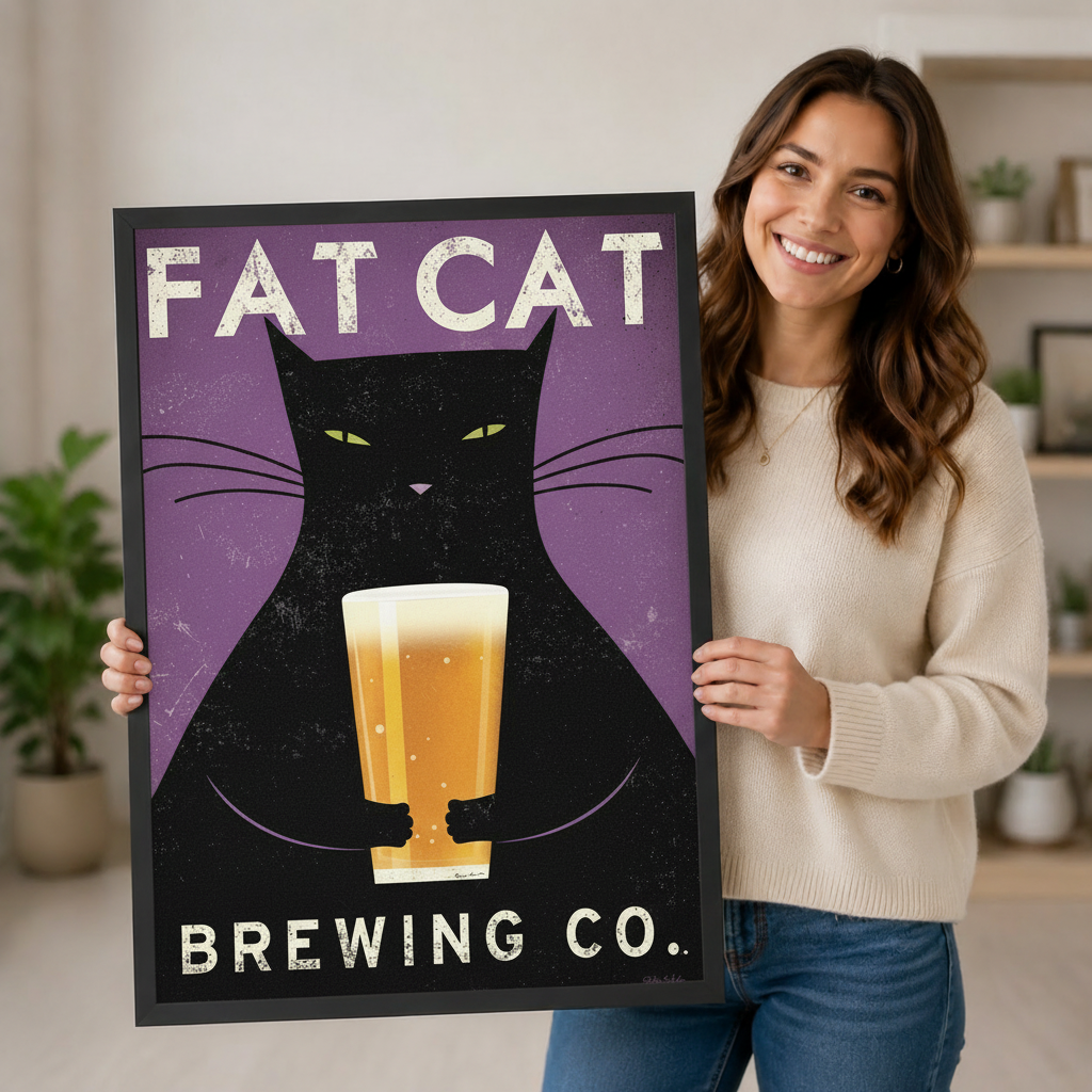 Smiling woman holding large black framed Fat Cat Brewing Co vintage black cat beer wall art print on purple background in bright home interior lifestyle photo