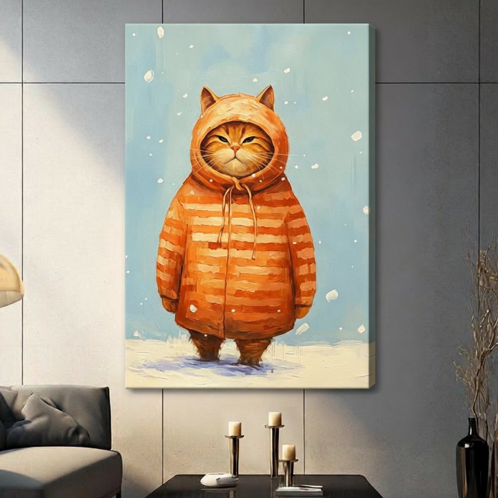 Gallery wrap stretched canvas of a round fluffy orange tabby cat bundled up in a matching striped orange hooded coat with cat ear details and a dangling drawstring standing stoically in falling snow whimsical humor cat oil painting on a pale blue winter background hung frameless on a gray tile wall above a dark sofa