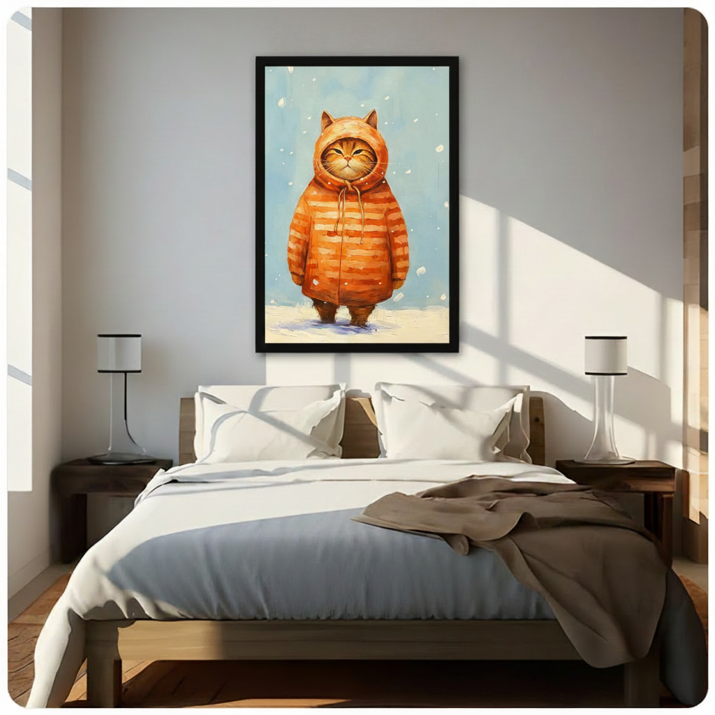 Black framed charming whimsical oil painting of a plump orange tabby cat in a cozy oversized orange striped hooded coat with cat ear details and drawstring standing in falling snow with a grumpy satisfied expression funny cat winter canvas wall art on soft blue background hung in bright diagonal sunlight above a dark wood bed with white linen bedding
