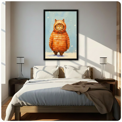 Black framed charming whimsical oil painting of a plump orange tabby cat in a cozy oversized orange striped hooded coat with cat ear details and drawstring standing in falling snow with a grumpy satisfied expression funny cat winter canvas wall art on soft blue background hung in bright diagonal sunlight above a dark wood bed with white linen bedding