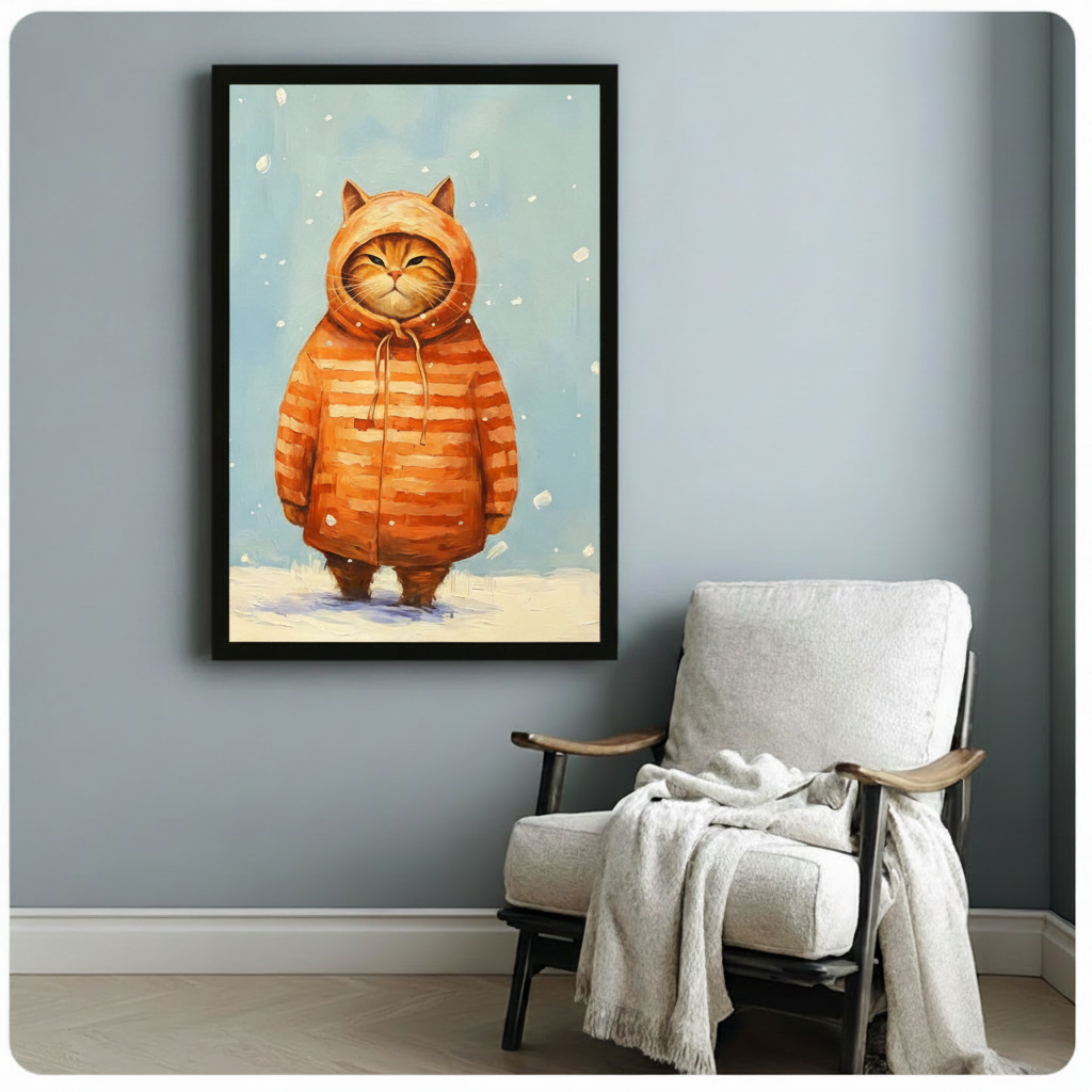 Black framed adorable chubby orange cat in a puffy orange striped hoodie coat with cat ear hood and tied drawstring standing in the snow with a deadpan grumpy face funny whimsical cat winter oil painting canvas print on soft blue snowy background hung on a blue-gray wall beside a white linen folding chair with cream throw