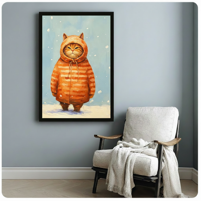 Black framed adorable chubby orange cat in a puffy orange striped hoodie coat with cat ear hood and tied drawstring standing in the snow with a deadpan grumpy face funny whimsical cat winter oil painting canvas print on soft blue snowy background hung on a blue-gray wall beside a white linen folding chair with cream throw