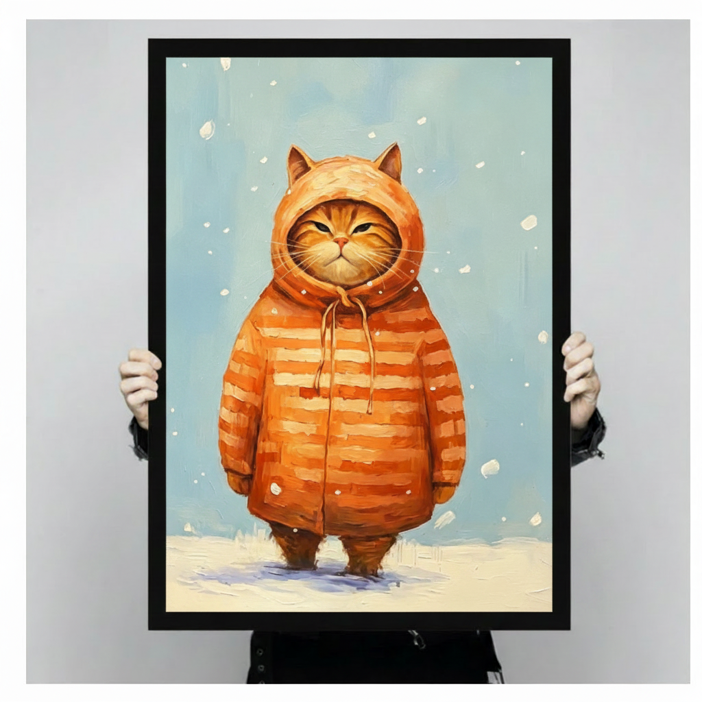 Two gloved hands holding a large black framed funny oil painting of a fat orange tabby cat wearing an oversized orange striped hooded puffer coat with cat ear hood standing in snow with a smug squinting expression whimsical cat humor canvas art print on pale blue winter background, front-facing vertical product size display