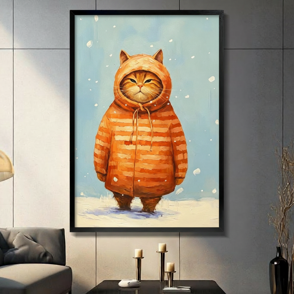 Black framed whimsical oil painting of a chubby orange tabby cat wearing an oversized orange striped hooded puffer coat with cat ear hood and drawstring standing in the snow with a grumpy squinting expression funny fat cat winter canvas wall art on soft blue snowy background displayed in a modern gray living room with dark sofa and metal candlesticks
