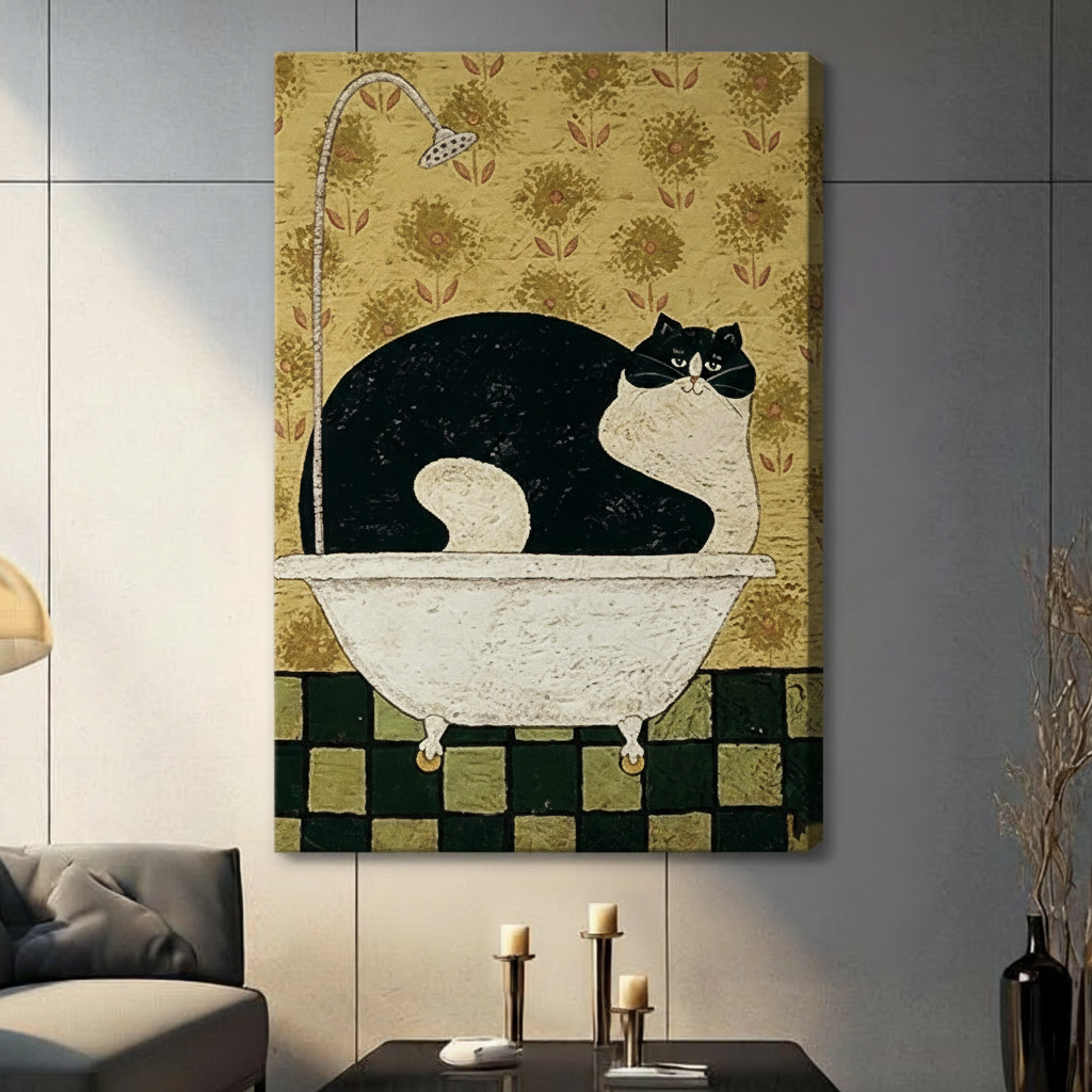 Gallery wrap canvas print featuring a plump black and white tuxedo cat loafing in a white clawfoot bathtub, antique gold floral wallpaper and dark green checkered tile floor, hung on a grey wall