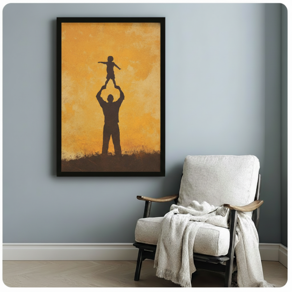 Framed golden silhouette art print of a father holding child overhead, displayed beside a white armchair on a light grey wall