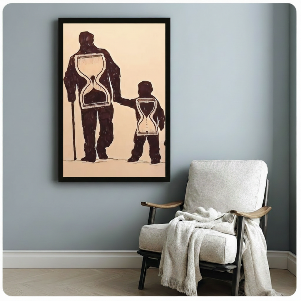 Father and child hourglass silhouette framed poster on blue-grey wall beside white armchair, cosy bedroom corner