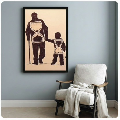 Father and child hourglass silhouette framed poster on blue-grey wall beside white armchair, cosy bedroom corner