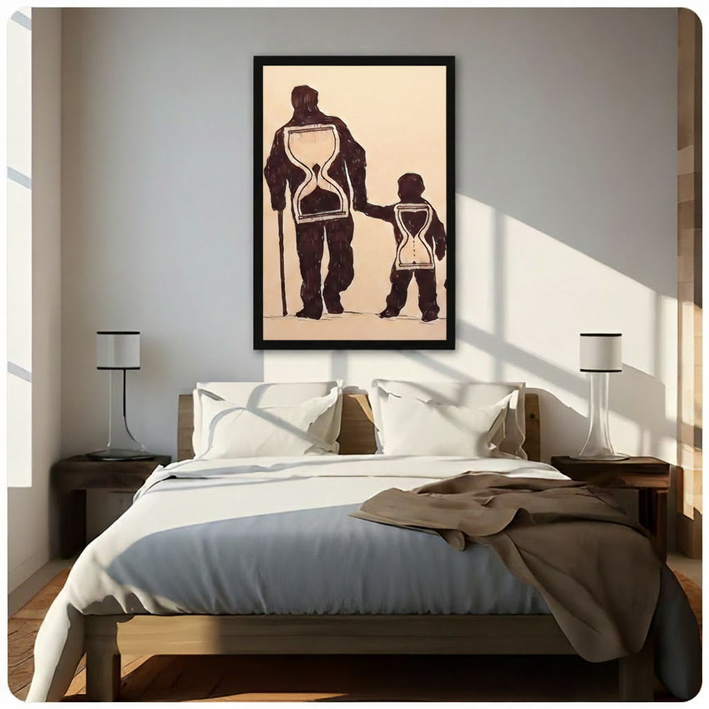 Father and child hourglass silhouette poster in black frame above bed, minimalist neutral bedroom with warm sunlight