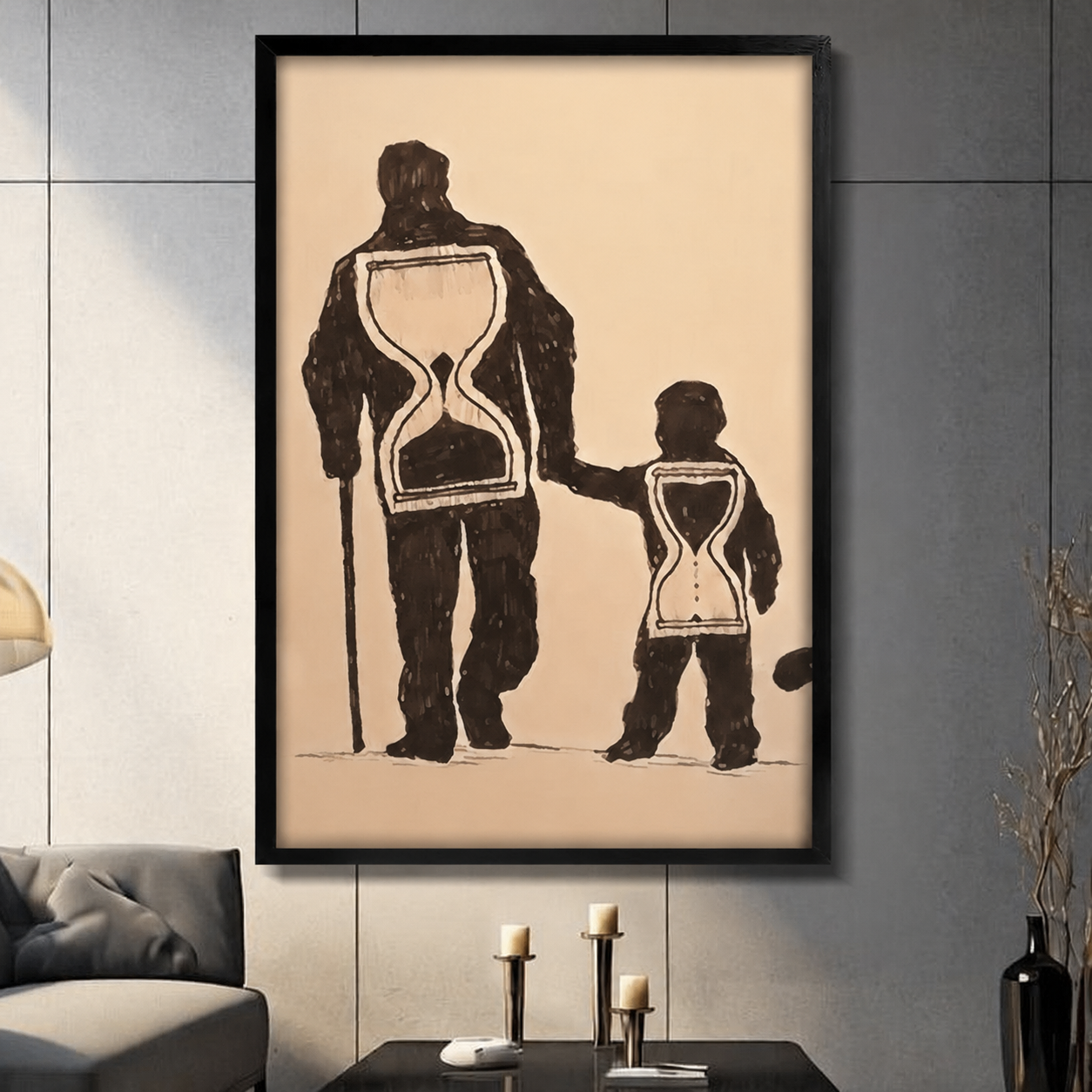 Father and child hourglass silhouette wall art in black frame on dark grey wall, minimalist living room decor