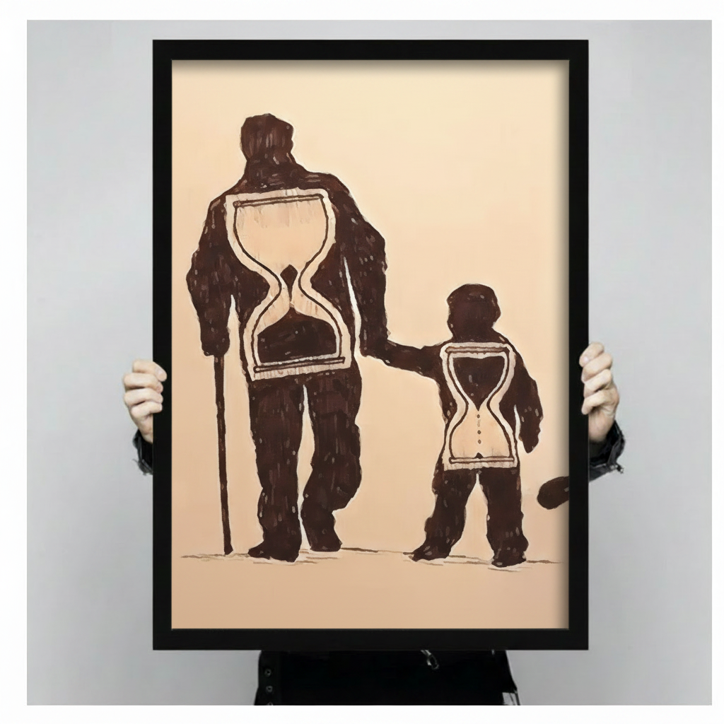 Father and child hourglass wall art in black frame held in hands, showing print size and fine art quality