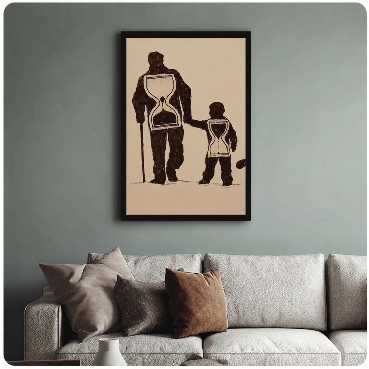 Father and child hourglass art print in black frame on sage green wall above neutral sofa, modern living room