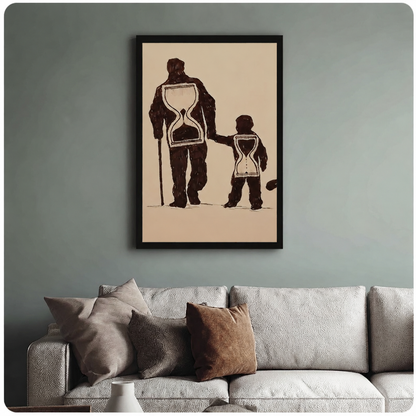 Father and child hourglass art print in black frame on sage green wall above neutral sofa, modern living room