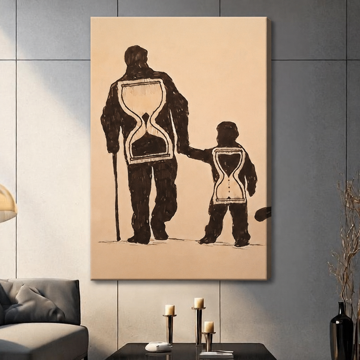Father and child hourglass silhouette canvas wrap print on dark wall, frameless minimalist home decor