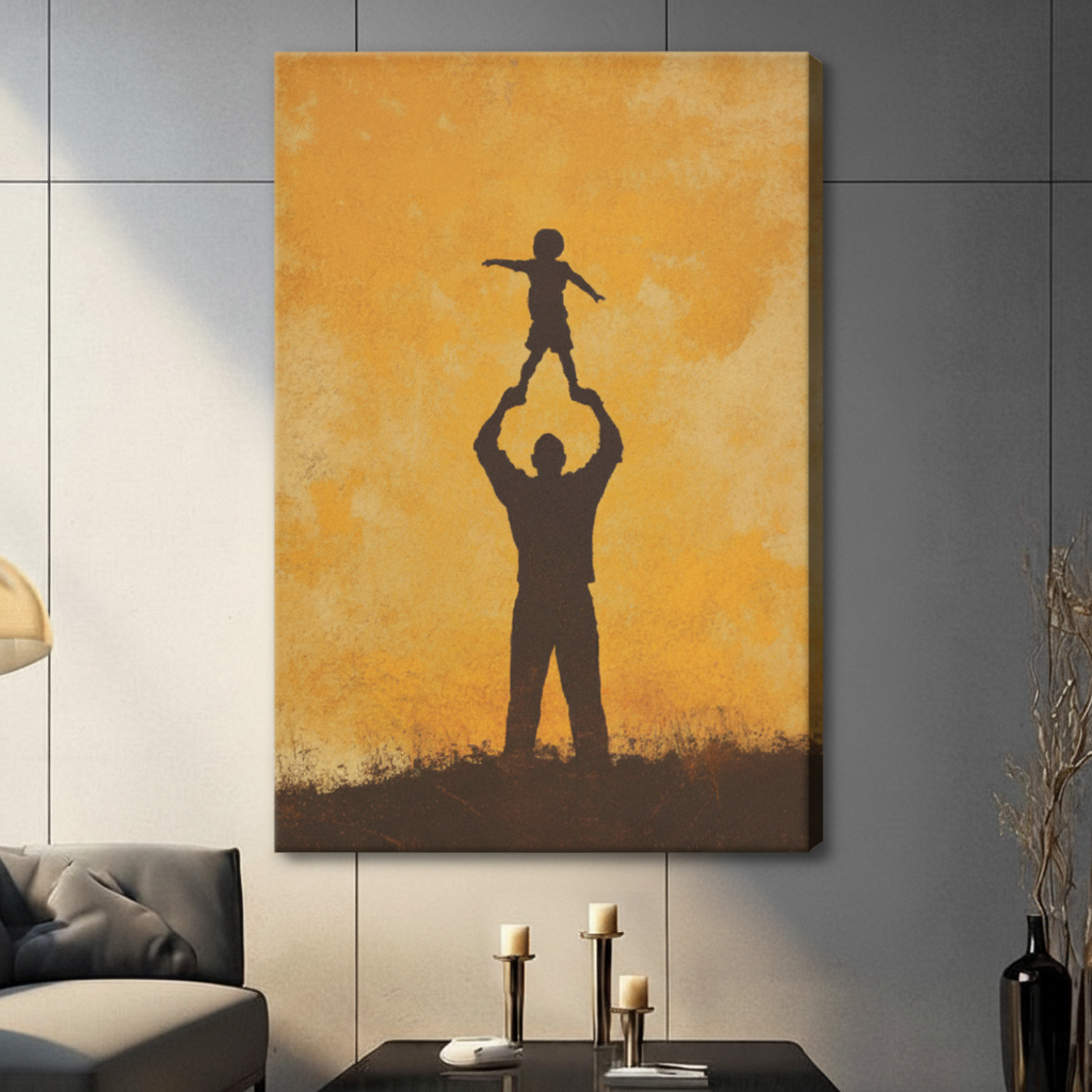 Frameless canvas wrap print of father and child silhouette in amber tones, hung in a contemporary neutral living room setting