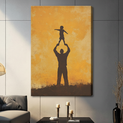 Frameless canvas wrap print of father and child silhouette in amber tones, hung in a contemporary neutral living room setting