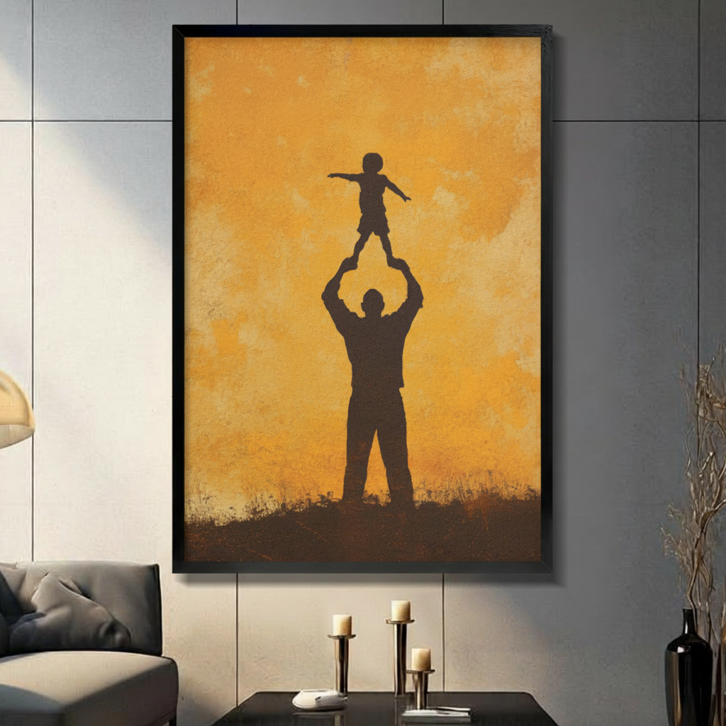 Framed canvas wall art featuring a father lifting child silhouette against a warm golden background, displayed in a modern dark-toned living room
