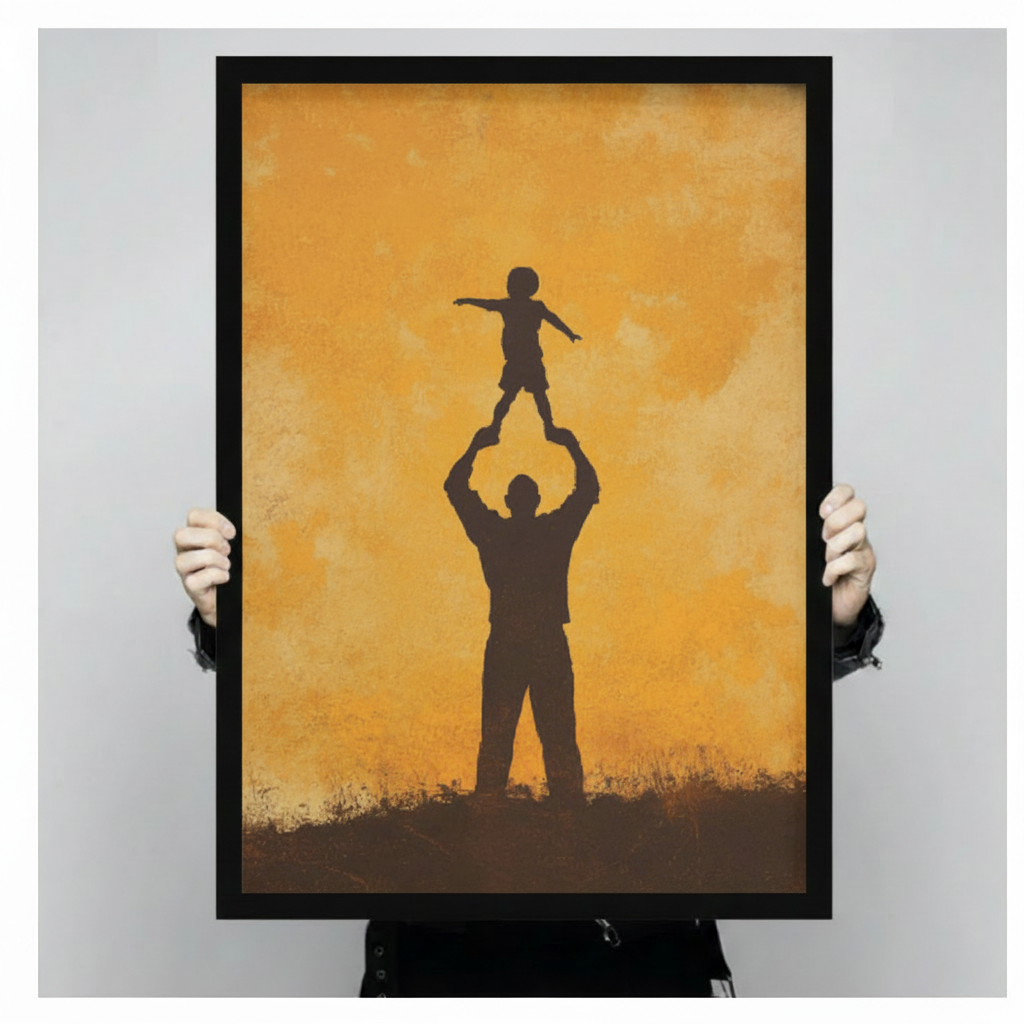 Hand-held display of framed father and child silhouette wall art print with warm amber background, showing print size and frame detail