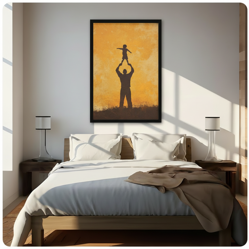 Framed canvas art of father lifting child silhouette in golden hues, mounted above a bed as bedroom wall decor in a sunlit room