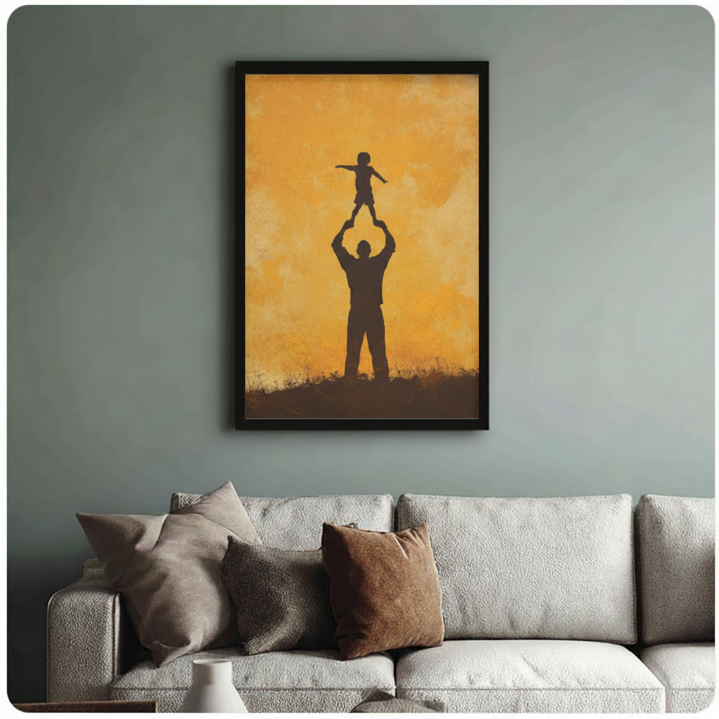 Black framed wall art print of father raising child silhouette, styled above a linen sofa against a sage green wall