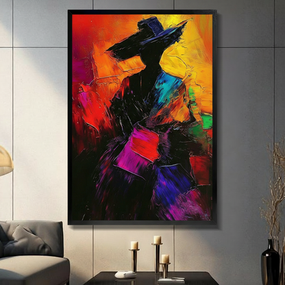 abstract colorful figure wide brim hat framed canvas black frame gray paneled living room sofa candle holders art