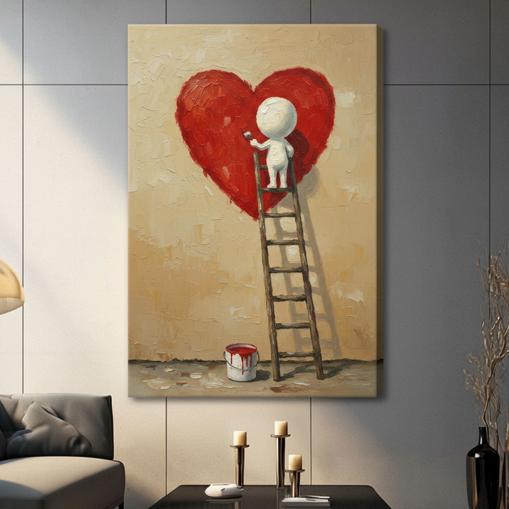 Frameless canvas wrap of small white figure on ladder painting large red heart, textured oil painting style love wall art on grey living room wall
