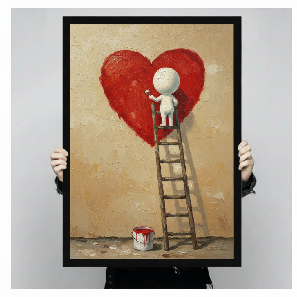 Person holding large black framed print of white figure on ladder painting red heart, showing print size and thick oil texture detail, romantic love wall art