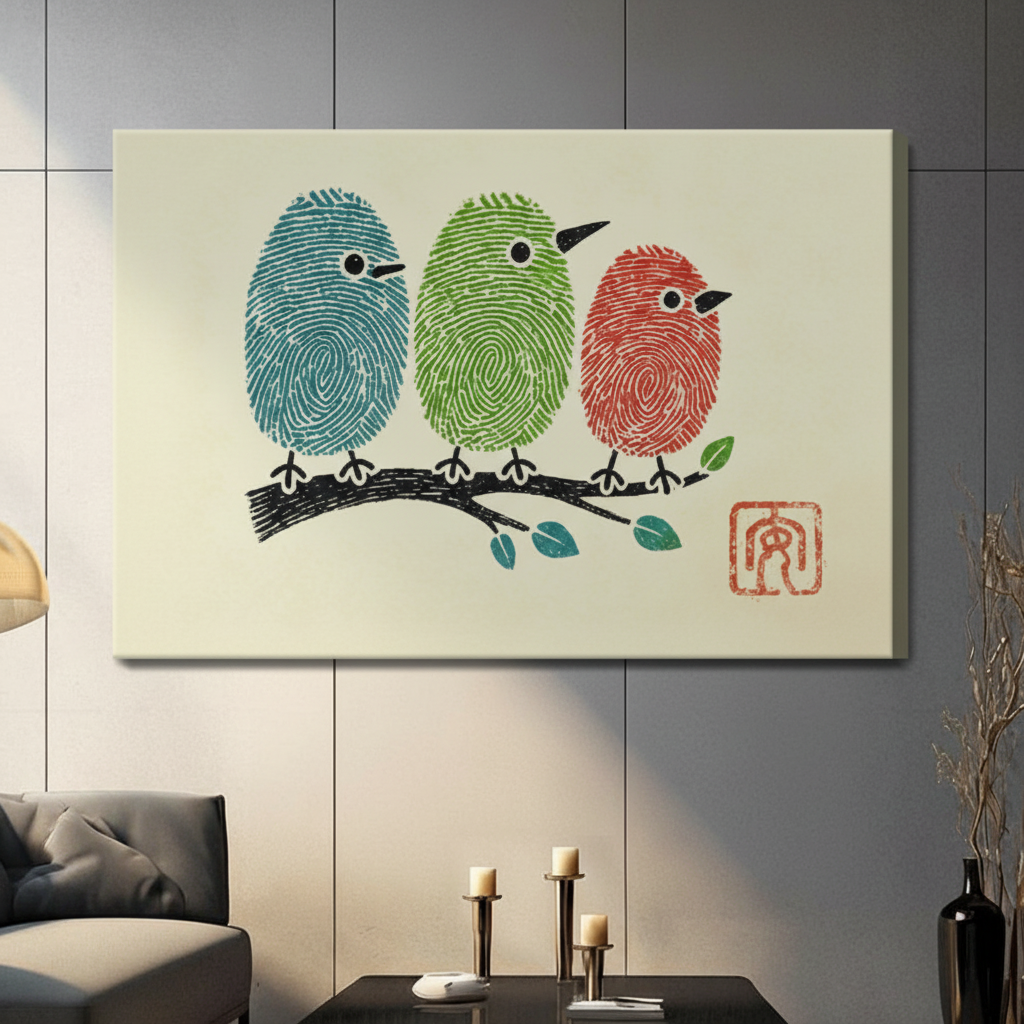 Stretched canvas fingerprint birds on a branch wall art featuring three whimsical birds formed from teal green and red fingerprint textures sitting on a brushstroke ink branch with teal leaves on a soft cream background, hung on a dark gray wall above a gray sofa