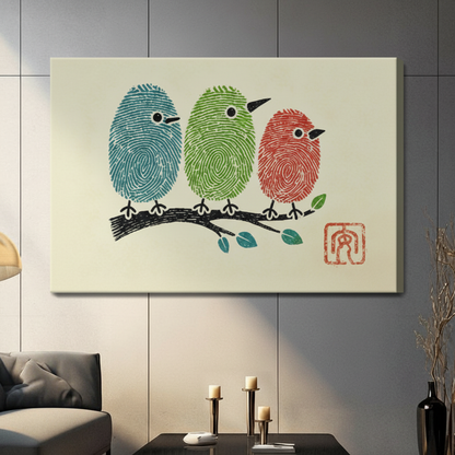 Stretched canvas fingerprint birds on a branch wall art featuring three whimsical birds formed from teal green and red fingerprint textures sitting on a brushstroke ink branch with teal leaves on a soft cream background, hung on a dark gray wall above a gray sofa