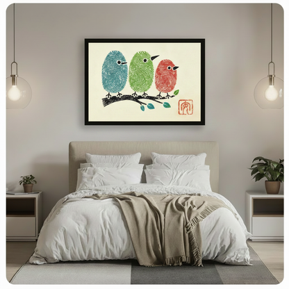 Black framed fingerprint birds on a branch canvas art with three whimsical teal green and red fingerprint birds on a black ink branch with teal leaves on a cream background, hung above a bed with white linen bedding and glass pendant lights in a modern bedroom