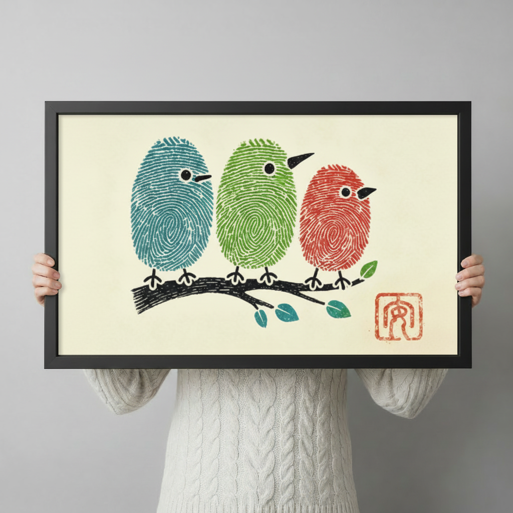 Person in a cream knit sweater holding a large horizontal black framed fingerprint birds on a branch canvas art print with three round teal green and red fingerprint-textured birds perched on a black ink branch with teal leaves on a warm cream background