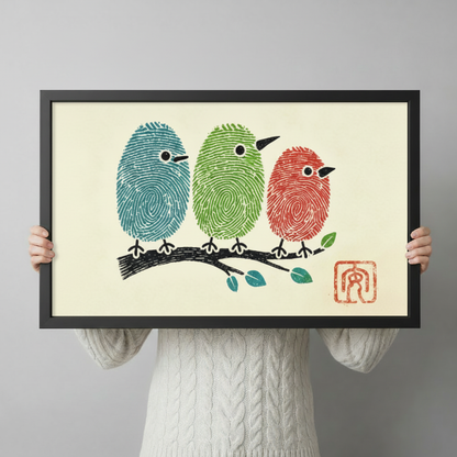 Person in a cream knit sweater holding a large horizontal black framed fingerprint birds on a branch canvas art print with three round teal green and red fingerprint-textured birds perched on a black ink branch with teal leaves on a warm cream background
