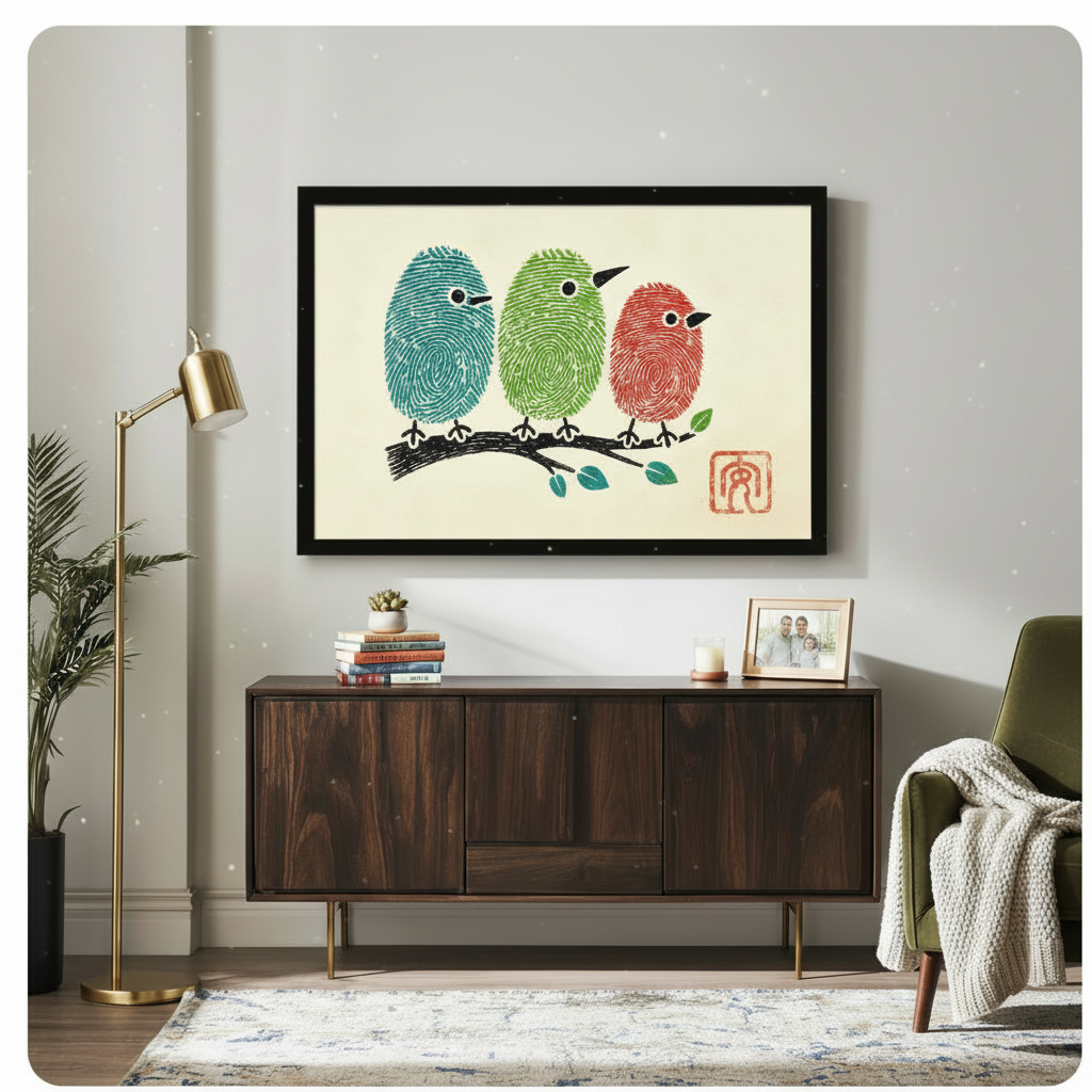 Black framed fingerprint birds on a branch canvas art showing three round cartoon birds in teal green and red fingerprint style perched on a brushstroke ink branch with teal leaves on a warm cream background, displayed above a dark walnut sideboard with a gold floor lamp and olive green armchair