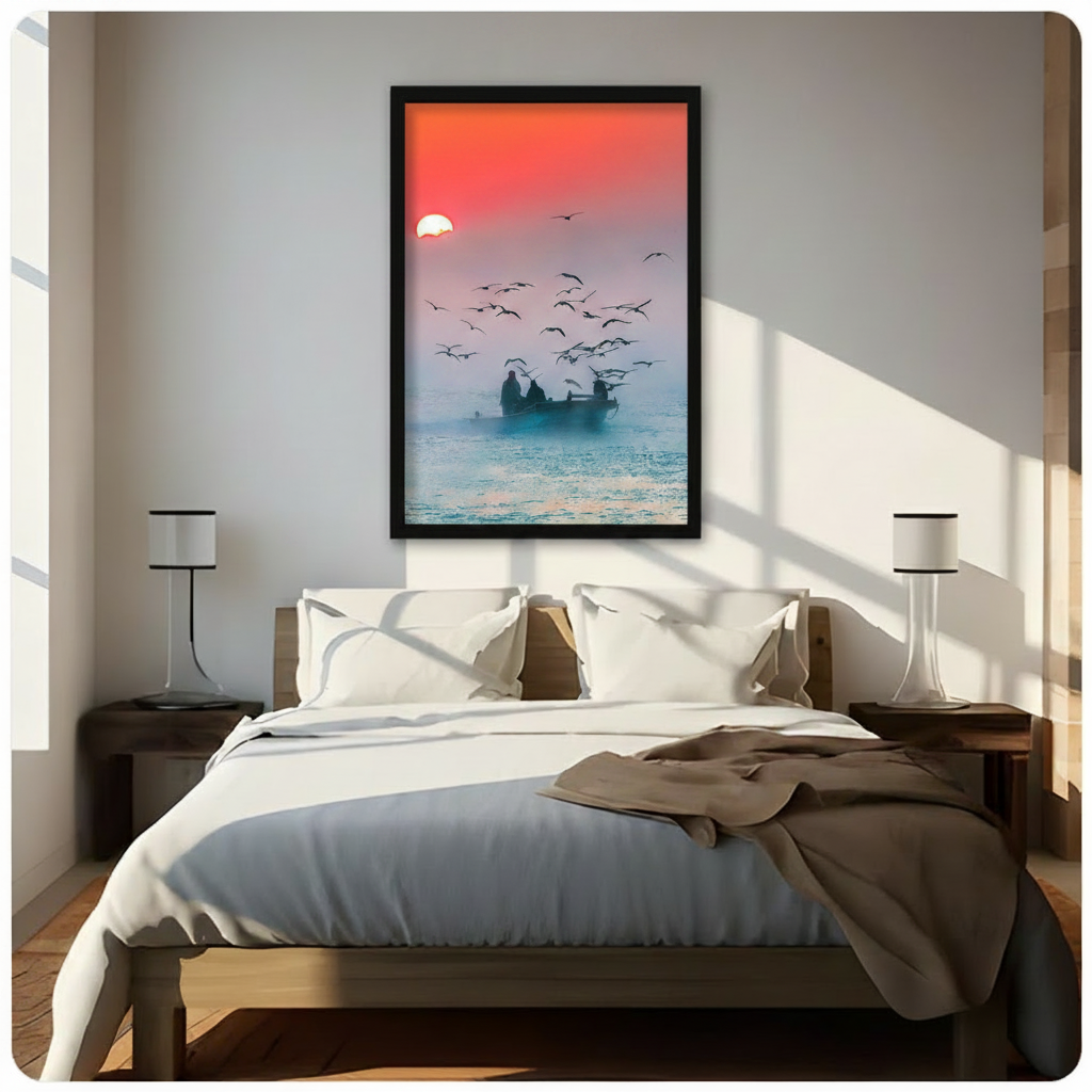 Fishermen boat sunrise seagulls framed canvas displayed above bed in sunlit neutral bedroom - atmospheric coastal landscape wall art with coral dawn sky and teal misty ocean for serene bedroom decor