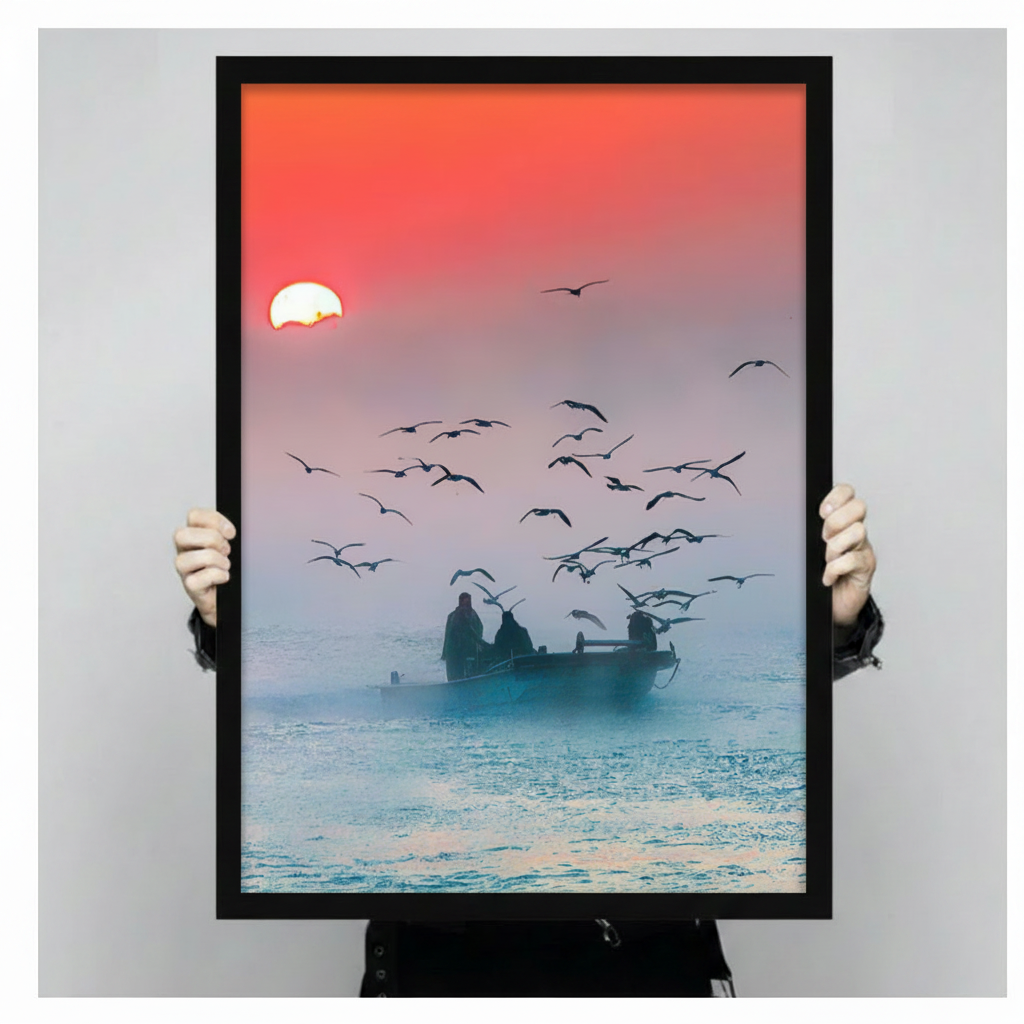 Hands holding large framed fishermen boat at sunrise canvas print - full artwork detail of seagull flock silhouette figures on misty ocean with vivid coral red gradient sunrise sky