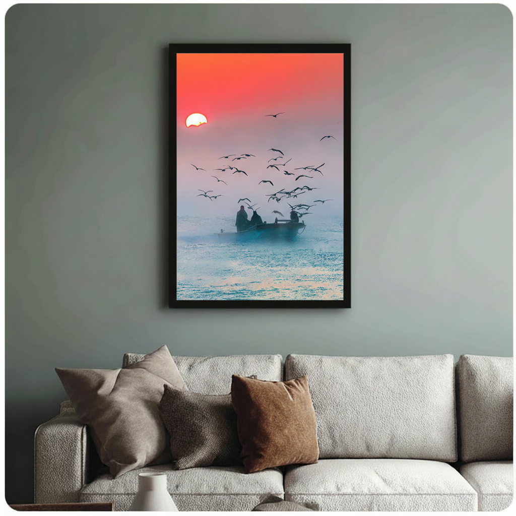 Fishermen at sunrise with seagulls framed art print above cream bouclé sofa on sage grey wall - serene coastal photography canvas wall decor with warm coral and cool teal tones
