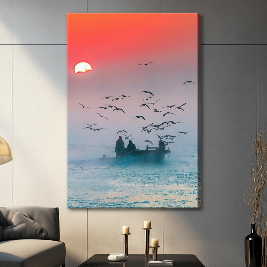 Unframed fishermen boat at sunrise with flock of seagulls canvas print - atmospheric coastal wall art with vivid coral gradient sky and misty blue-green sea for contemporary home decor