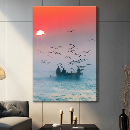 Unframed fishermen boat at sunrise with flock of seagulls canvas print - atmospheric coastal wall art with vivid coral gradient sky and misty blue-green sea for contemporary home decor