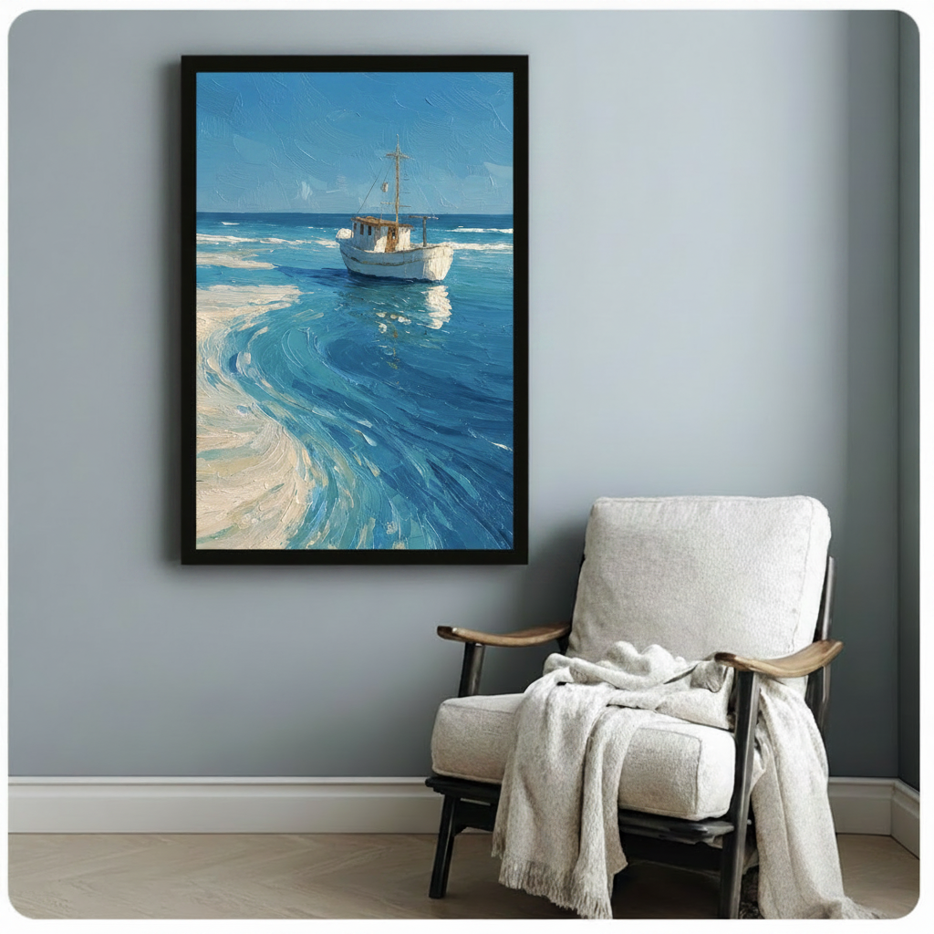 Black framed fishing boat seascape oil painting art print on a light blue-grey wall beside a white linen armchair with a draped throw blanket