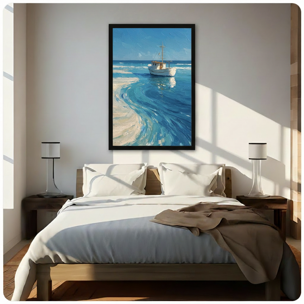 Framed white fishing boat ocean oil painting wall art hung above a wooden bed with white bedding in a bright sunlit coastal-style bedroom with twin lamps