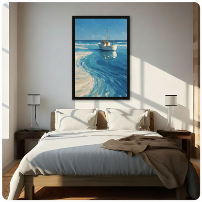 Framed white fishing boat ocean oil painting wall art hung above a wooden bed with white bedding in a bright sunlit coastal-style bedroom with twin lamps