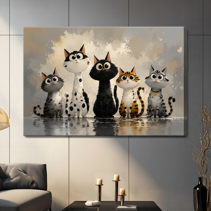 Gallery wrap stretched canvas of five quirky round-eyed cats including a gray tabby black spotted tall cat center black cat orange tiger stripe and gray collar cat sitting together on a reflective surface with warm beige watercolor background hung frameless on a gray wall