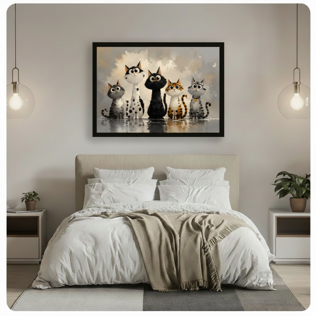 Black framed adorable five big-eyed whimsical cats group portrait canvas wall art with warm golden gray watercolor background hung above a beige upholstered bed with white linen bedding in a soft minimalist bedroom with glass pendant lights and green plants