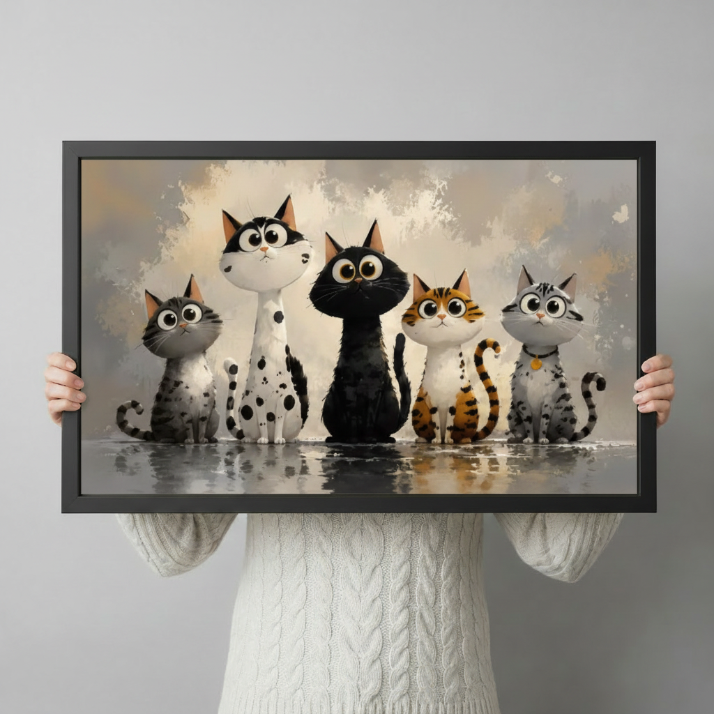 Person in white knit sweater holding a large black framed funny five cartoon cats with oversized eyes sitting in a row whimsical oil painting canvas art print with warm gray watercolor background, front-facing horizontal size display