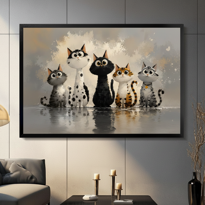 Black framed whimsical five big-eyed cartoon cats sitting in a row with warm gray watercolor background and water reflection funny cat group portrait canvas wall art displayed in a modern gray living room with dark sofa and metal candlestick holders