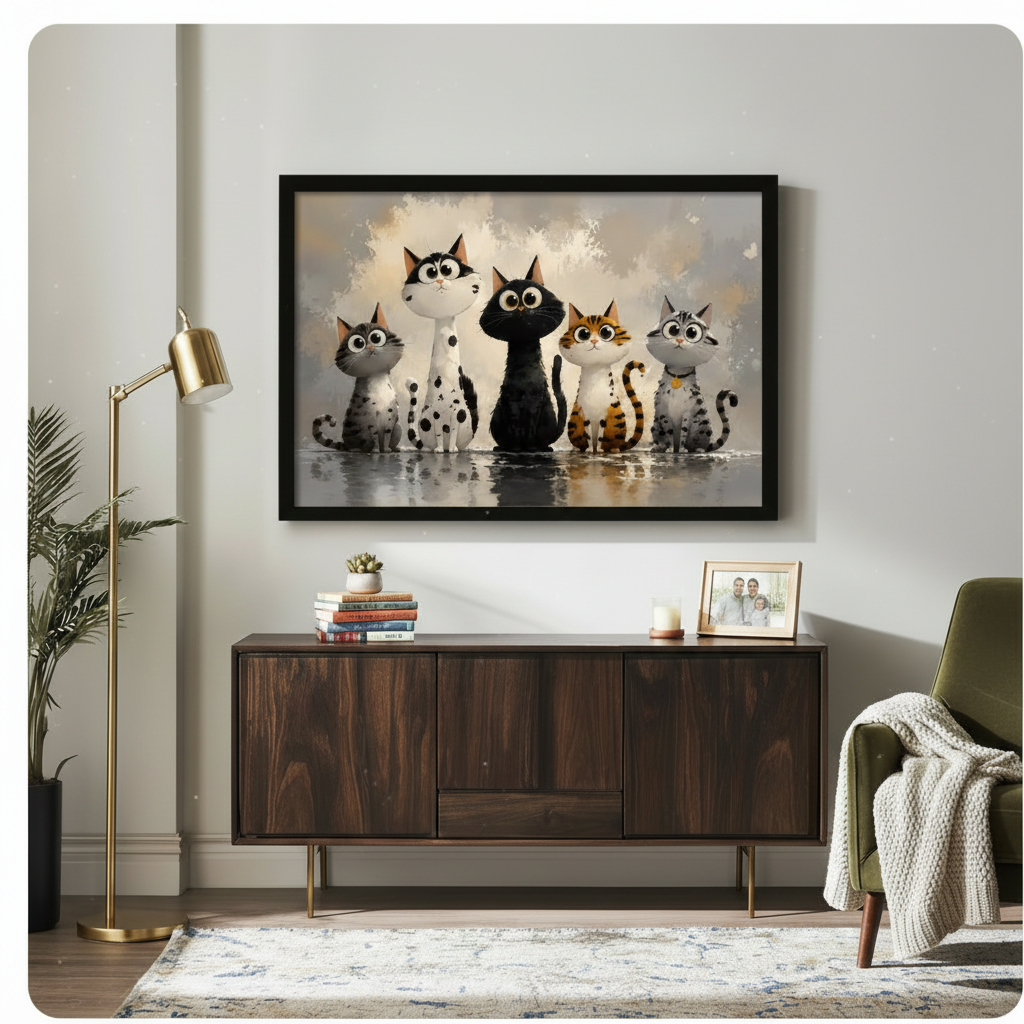 Black framed cute five cartoon cats with big expressive eyes sitting in a row whimsical oil painting canvas art hung on a light gray wall above a dark walnut sideboard with stacked books succulent and gold floor lamp in a cozy modern living room