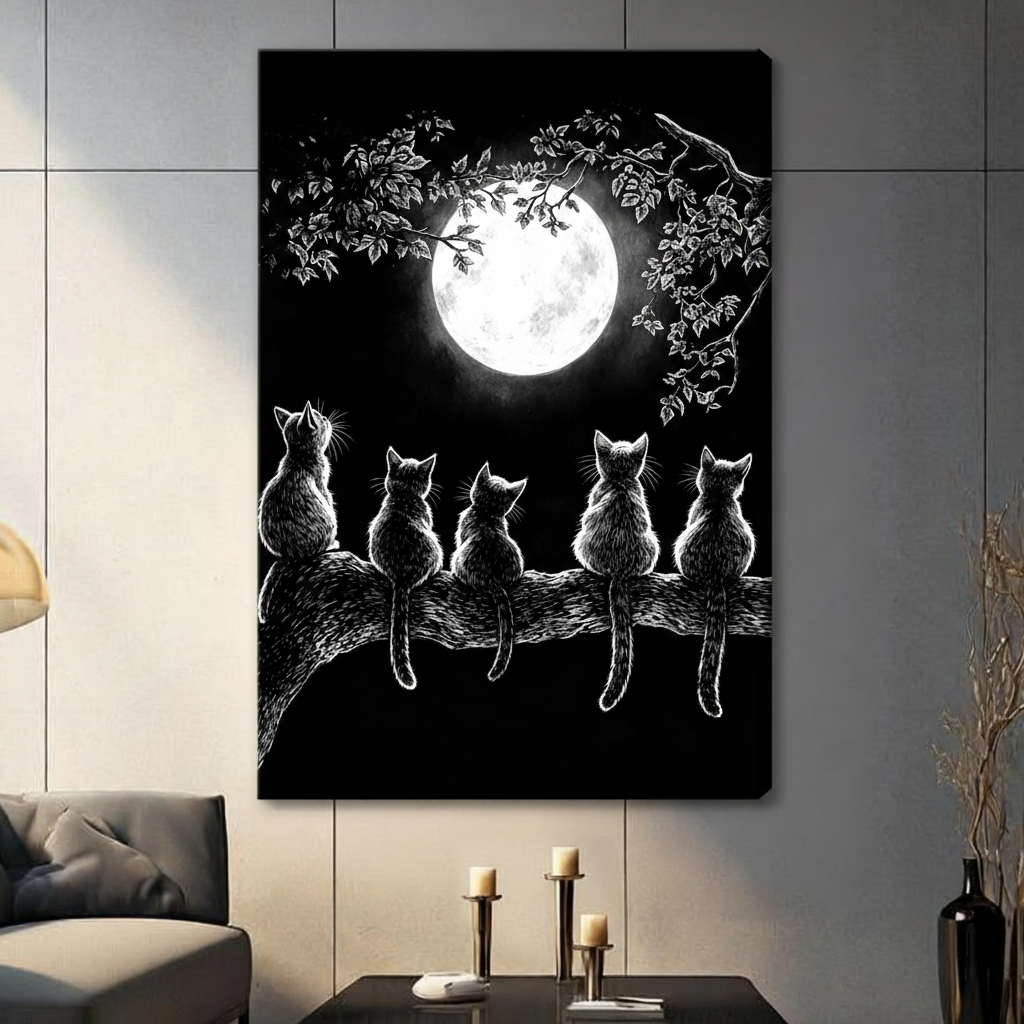 Ink etching style illustration of five cats perched on a thick tree branch with tails hanging down all facing a luminous full moon framed by white leafy branches on a black background dark cat wall art stretched canvas in a living room with light gray tiled wall dark sofa candle holders and black vase