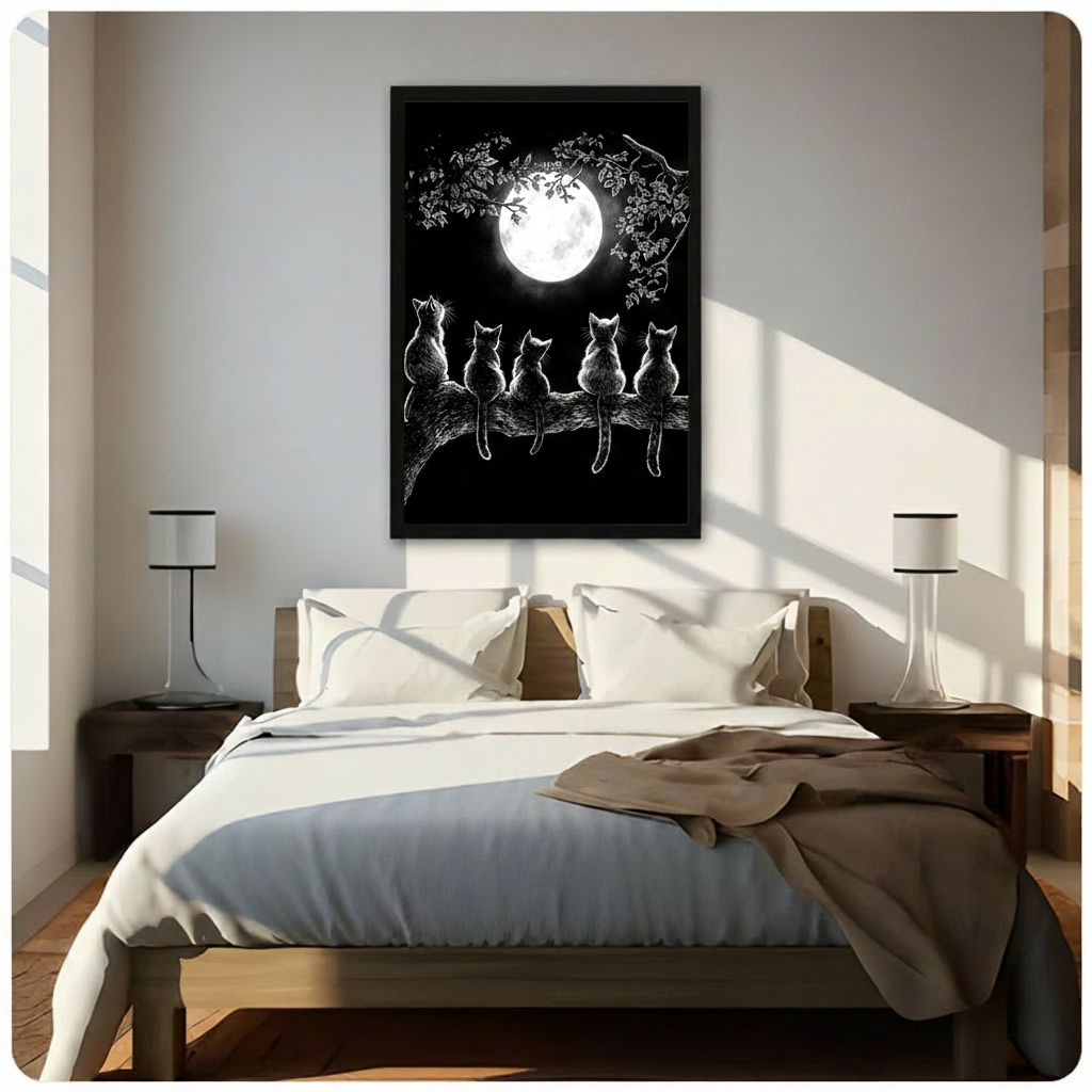Atmospheric gothic illustration of five cats perched on a large branch backs turned gazing at a glowing full moon with white etched leaf details on a deep black background mystical cat wall art framed print above a bedroom with white linen bedding dark wood bed frame and white table lamps